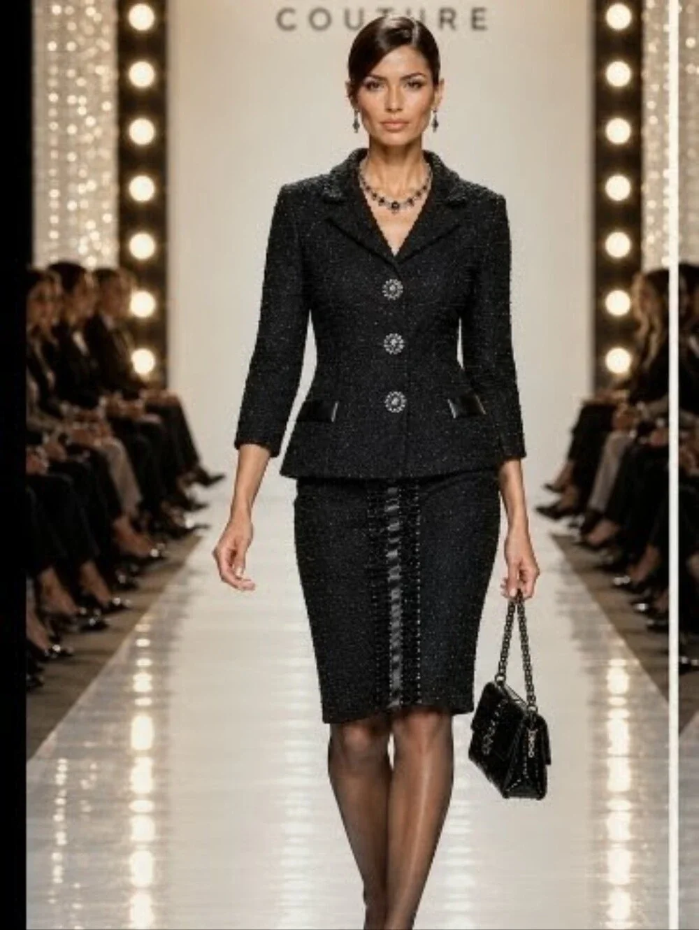 Rare Stunning St John Couture 8/6 Black Tweed Boucle Ribbon Buttons Skirt Suit